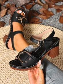 2025新款欧美复古高跟凉鞋，女款，可调节金属扣和钩环装饰，街头风格，黑色，厚底，露趾，夏季 - 黑色 - 查看 9