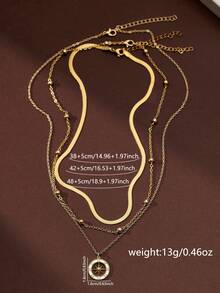 Stunning Copper Round Hollow Star Sun Inlaid With Shining Cubic Zirconia Pendant, With Stainless Steel Gold Wire Wide Flat Blade Chain Layered Design Necklace, Suitable For Women's Beach Party Wear - 金黃色 - 查看 8