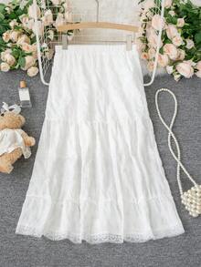 Women's Lace Patchwork A-Line Skirt, Sweet Style For Spring/Summer - White - View 2