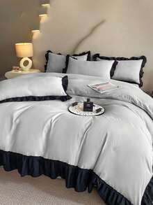1 Duvet Cover + 2 Pillowcases 3 Pieces Set, Soft & Skin-Friendly Ruffled Edges, Suitable For Bedroom & Guest Room, Machine Washable, All Season - Light Grey - View 2