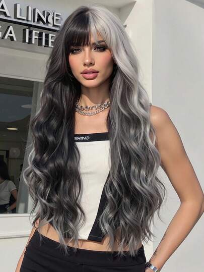 26英寸女士黑白波浪卷发假发，带刘海，自然柔软渐变卷发，适合日常佩戴、派对、角色扮演等场合。