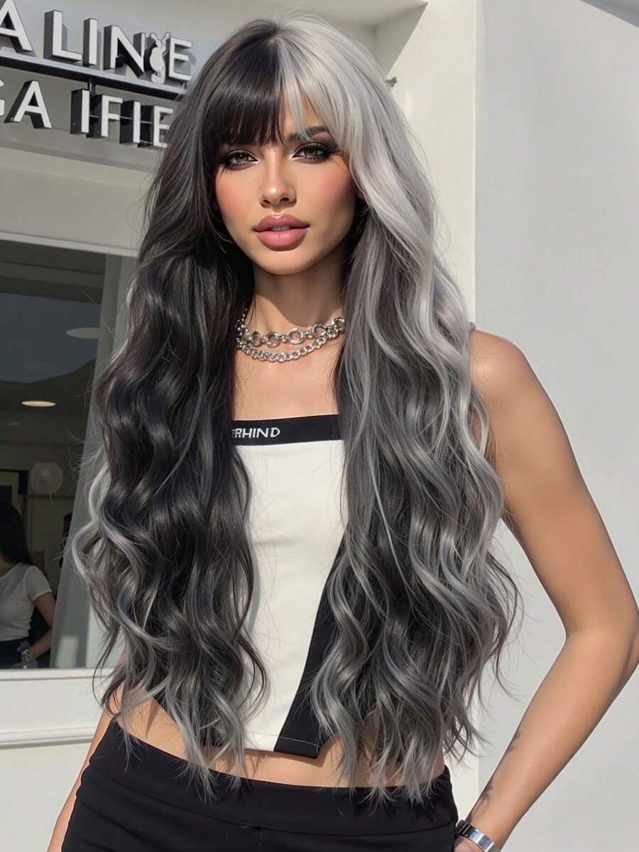 26英寸女士黑白波浪卷发假发，带刘海，自然柔软渐变卷发，适合日常佩戴、派对、角色扮演等场合。