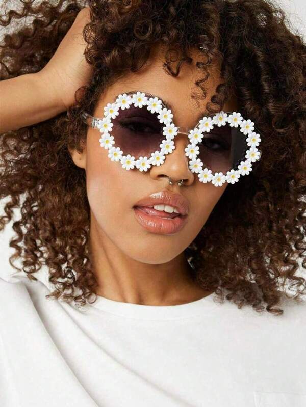 1 par de gafas redondas con flores de margarita para mujer, gafas personalizadas lindas, gafas decorativas de moda, gafas de fiesta, para fiestas, bailes, cumpleaños, vacaciones en la playa hawaiana