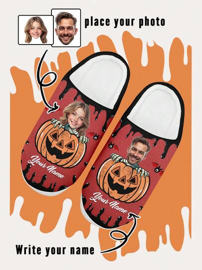 Pantuflas personalizadas con foto y nombre para Halloween. Pantuflas interiores personalizadas con calabaza. Zapatos de felpa cálidos y acogedores para uso en el hogar, regalo de Halloween divertido para mamá/papá/ella/él/novia/novio/esposa/esposo/amigo, calzado de decoración de Halloween único