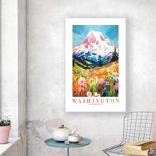 Framed Canvas Washington Travel Print Evergreen State Souvenir Blue Pink Orange Wall Art Retro Poster Mountains Landscape  Room Decor - 框架 - 查看 5