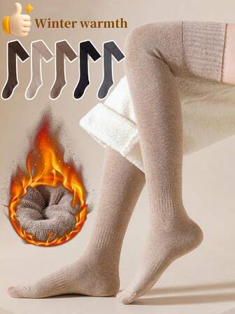 1/2/3/5 Pairs Thickened Winter Warm Over Knee Socks For Women, Home Sleeping Socks,Thermal Lined Thick Long Tube Stockings, Terry-Loop Hosiery