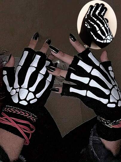 1 Pair Punk Gloves Unisex Halloween Skeleton Skull Half Finger Gloves Glow In The Dark Fingerless Stretch Knitted Mittens