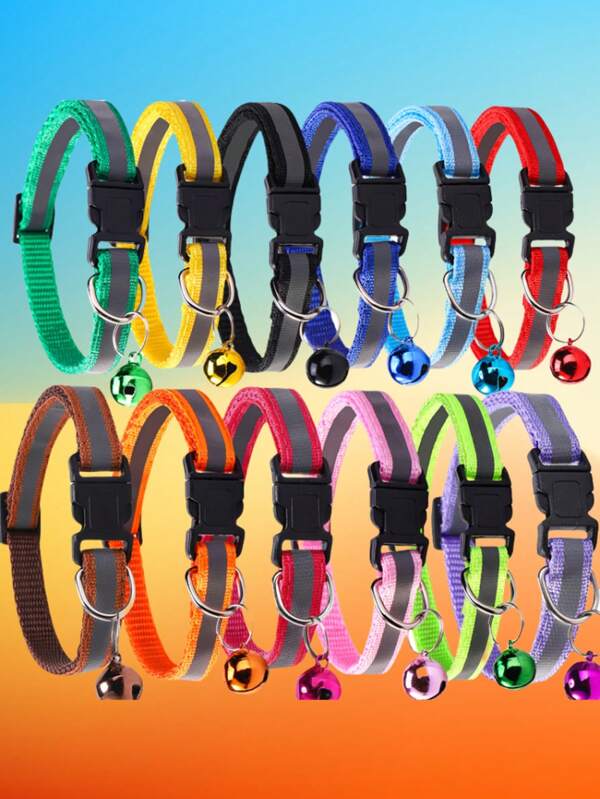 12 Pcs/Set Small Pet Collar With Bell Reflective Cat Necklace Safety Buckle Breakaway Cat Collar Charms
