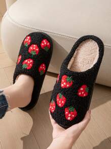 女士休闲毛绒草莓刺绣一脚蹬家居拖鞋，时尚秋冬 - 黑色草莓包頭 - 查看 2