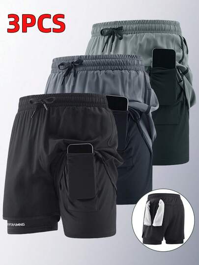 3条装夏季男士速干运动短裤，跑步训练健身骑行短裤，黑色