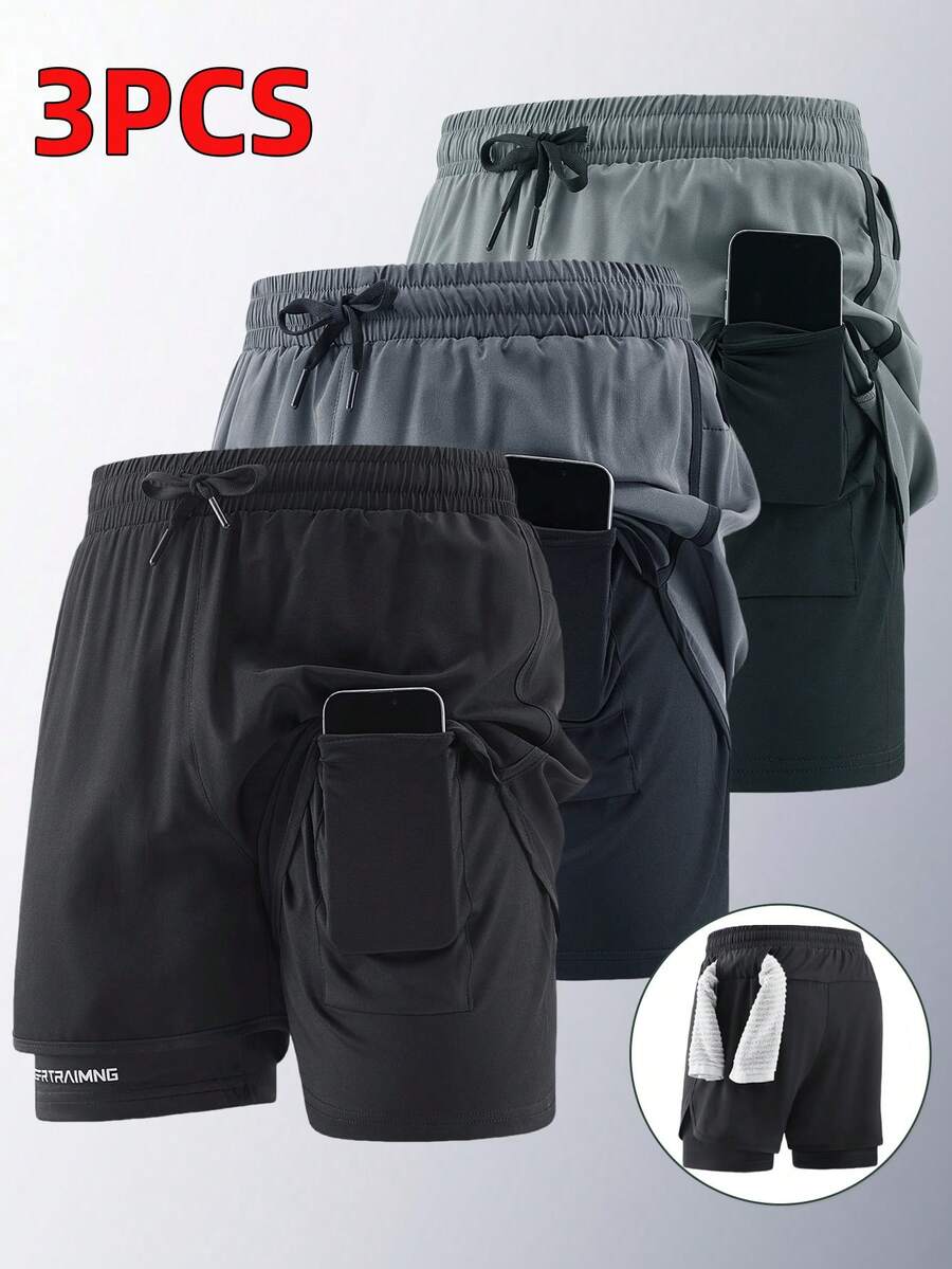 3pcs Summer Men's Quick-Dry Sports Shorts, Running Training Fitness Gym Biking Shorts Black - Black - View 1