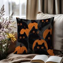 1 Stück/2 Stück Halloween Katzen- & Kürbis-Muster Polyester Kissenbezug [ohne Kissenfüllung], 45 x 45 cm/50 x 50 cm, [einseitiger Muster] Halloween Schwarze Katzen Kürbisse Dekorative Kissenbezüge für Sofa, Bett, Wohnzimmer, Schlafzimmer, Auto, Büro, Hotel, ganzjährig, perfektes Geschenk für Familie und Freunde