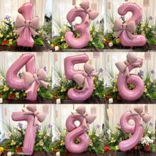2 pièces/set Ballons en forme de chiffres roses de 32 pouces avec décoration de nœud mat, convient pour anniversaire, mariage, événement extérieur, anniversaire, fête, Thanksgiving, Halloween, Noël, ambiance de fête et décoration de fond
