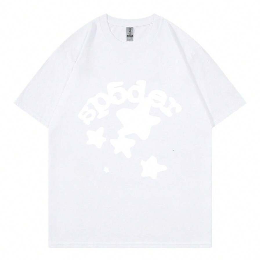 SP5DER 2025 Summer New Simple T-Shirt, 100 Percent Cotton Loose Comfortable Tees, Graphic T Shirts With  SP5DER Letters And Stars, Couples Matching Outfits - 白色 - 查看 1
