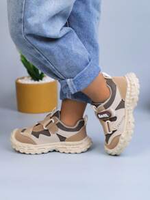 1 Pair All-Season Kids' Sports Shoes, Hook And Loop Design For Easy On/Off, Children Can Wear Them Independently, Thick Sole With Clear Tread For Stable Walking And Agile Running