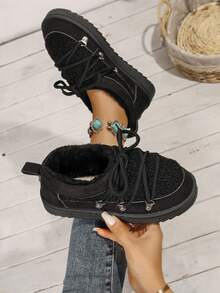 Damen warme Schneestiefel, Lässig Schuhe, neue Samt-Kunstpelz Patchwork Ankle Boots, flache dicke Sohle Schneestiefel für den Winter