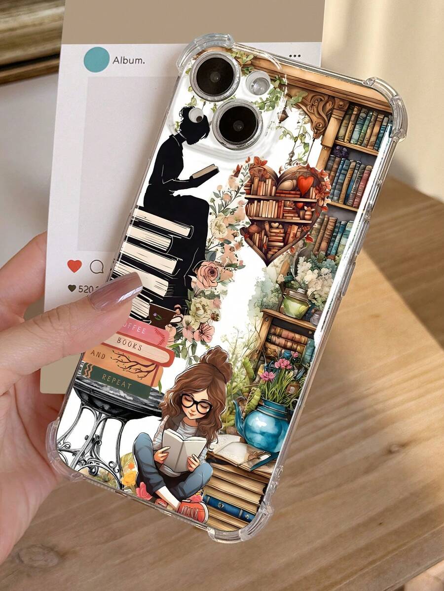 1个复古美学图书馆书籍咖啡女孩字母标语图案透明软手机壳，兼容 11/12/13/14/15/16 Pro Max，防水防震防摔防刮，国际版，非国内版 - 彩色 - 查看 1
