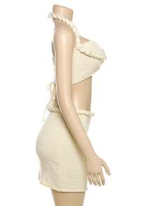 Women Y2K 2Pcs Crochet Knit Skirt Set Hollow Out Cami Top High Waist Mini Skirts 3D Flower Cover Up Beachwear - 白色 - 查看 7
