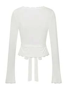 Women's Lace Trim Deep V Neck Bandage Surplice Wrap Crop Tops Pilates Outfits Ballet Wrap Tops For Women Workout Yoga Wrap Shirts Slim Fit Tie Front Coquette Tops - 白色 - 查看 3