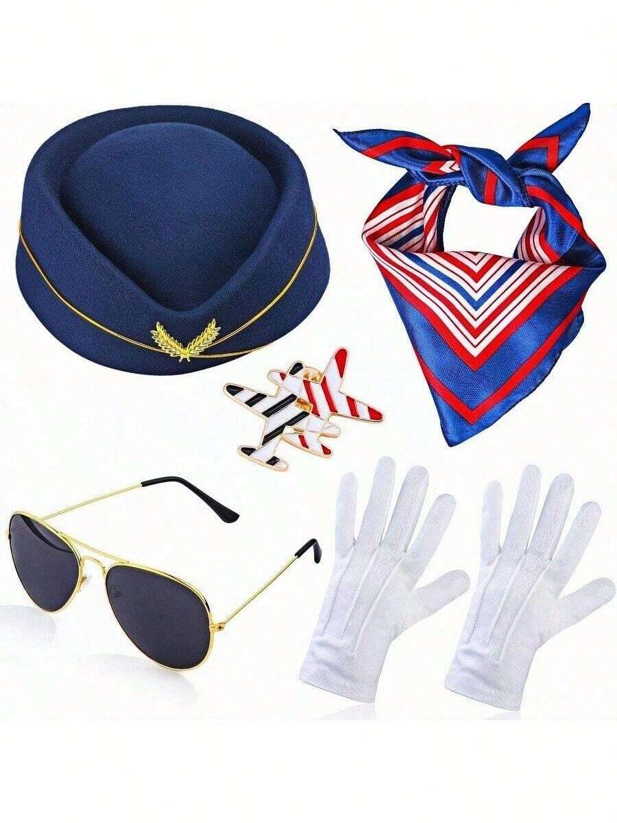 Bộ 5 món mũ tiếp viên hàng không theo chủ đề ngày lễ, khăn quàng cổ, trâm cài, găng tay, kính, phụ kiện trang phục tiếp viên hàng không cổ điển, bộ trang phục tiếp viên thanh lịch, halloween - Nhiều màu - Xem 1