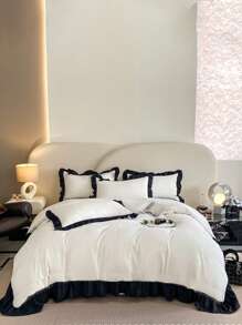 1 Duvet Cover + 2 Pillowcases 3 Pieces Set, White & Black Ruffled Soft & Comfortable, Suitable For Bedroom & Guest Room, Machine Washable, All Season - Black and White - View 2