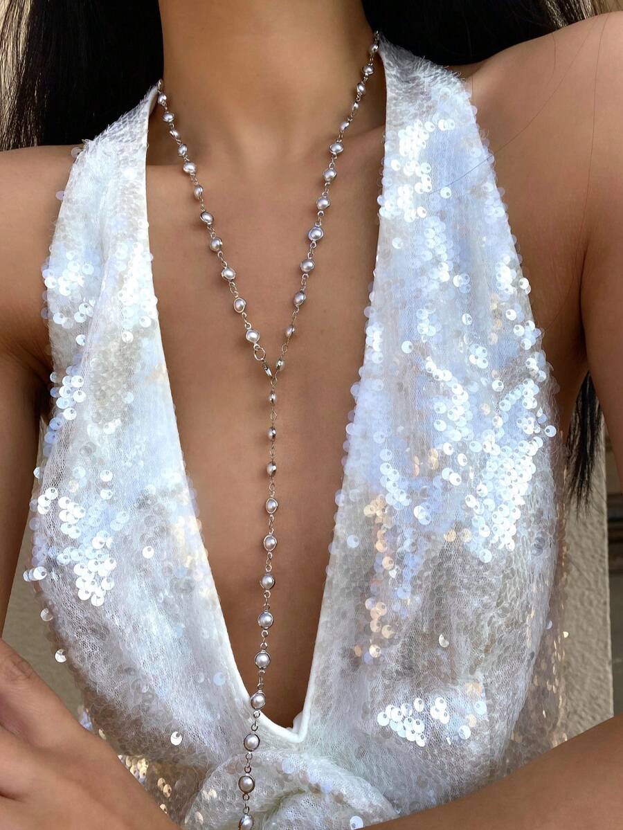 1pc Gold/Silver Faux Pearl Edged Y-Shaped Long Necklace, Bling Pendant Decor, Suitable For Daily Wear, Date, Party, Holiday, Vacation, Deep V, Anniversary, Birthday Gift, Boho Elegant Luxurious Minimalist Fashionable Sexy Cute - Silver - View 1