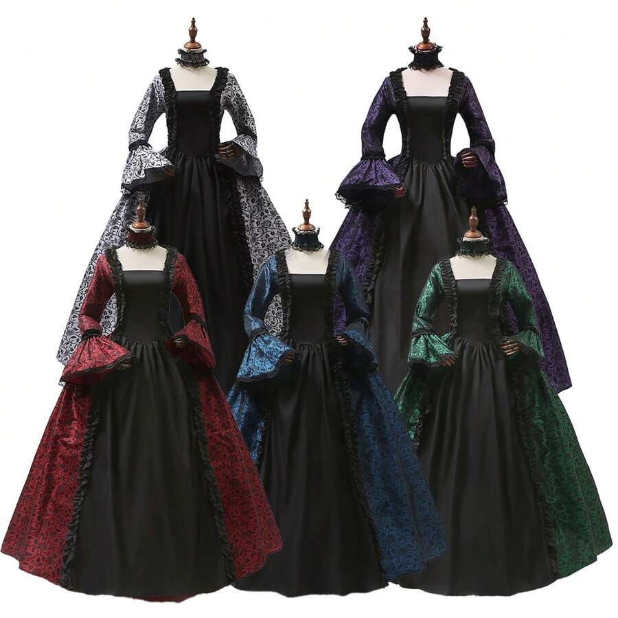 Costume Dress For The Medieval Court Revival Featuring Floral And Bird Patterns, Multi-Color Ruffled Sleeves And Square Neckline, Long Style, Formal Party Princess Elegant Dress, Suitable For Halloween, Renaissance Carnival, Wedding, And Female Historical Role-Playing With Pleated Lace Edge Umbrella Skirt - 墨綠色 - 查看 1