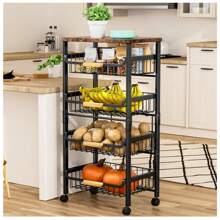 5 Tier Rolling Storage Trolley On Wheels, Large Capacity Kitchen Trolley, Mobile Utility Trolley With Wooden Table Top And Mesh Basket, Bathroom, Laundry Room
