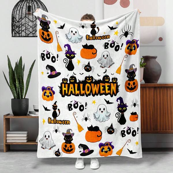 1pc Halloween Witch, Ghost, Pumpkin Theme Flannel Blanket, Suitable For Halloween Gift Blanket, For Sofa, Living Room Nap, Outdoor Camping, Travel Throw Blanket, Soft & Comfortable