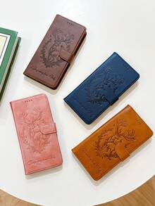 Lucky Deer Embossed PU Leather Flip Cover Phone Case, Shockproof, Kickstand, Card Slot Wallet Style, Compatible With IPhone 6/7/8/XS MAX/11/12/13/14/15/16/17 Pro Max, Galaxy S22/S23/S24 Ultra/S25 Ultra, A05S/A14/A15/A25/A34/A35/A53/A54/A55/Note20 Ultra Series, Redmi, Infinix - Black - View 4