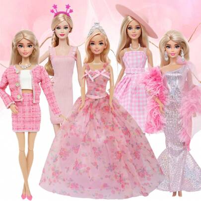 New Pink Doll Clothes Fashion Set For 11.5 Inch Dolls Includes Pink Princess Dress For Girls, Bling Fishtail Dress, Plaid Skirt, Pink Dress, Jacket Short Dress With Pink High Heels Hat Accessories, Doll Dress Up Game Toys Birthday Gift (Doll Not Included)
