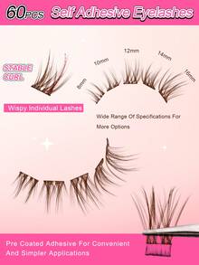 60 pezzi di ciglie individuali a grappolo con adesivo, riccio C, marrone, lunghezza 8-16mm, kit di estensione ciglie fai-da-te con pinzette e arricciaciglia, aspetto naturale, ciglie segmentate da applicare senza colla, estensioni di ciglie a spina, grappoli di ciglie, ciglie individuali, ciglie finte