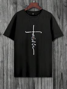 男士基督教信仰十字架图案 T 恤 – 宗教家居服上衣，带脚本印花家居服上衣 - 黑色 - 查看 1