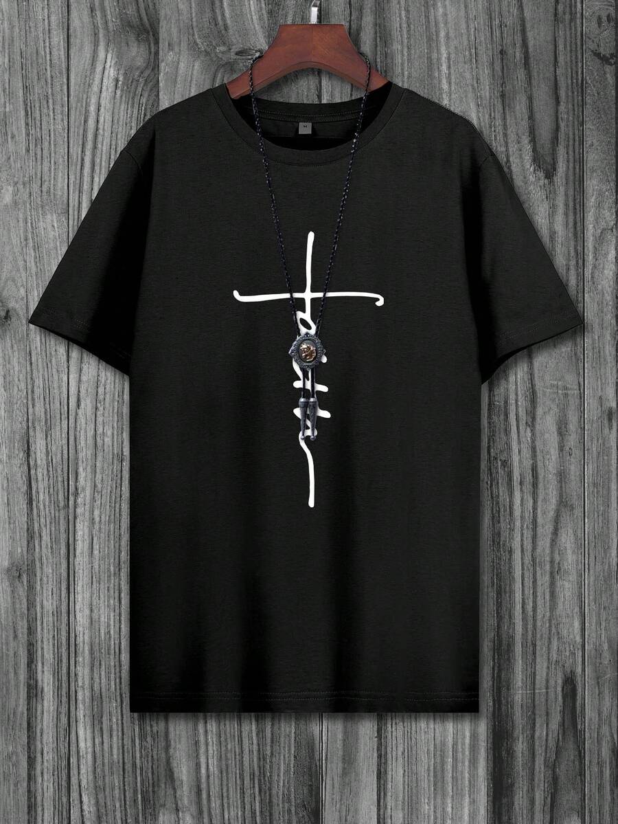 男士基督教信仰十字架图案 T 恤 – 宗教家居服上衣，带脚本印花家居服上衣 - 黑色 - 查看 1