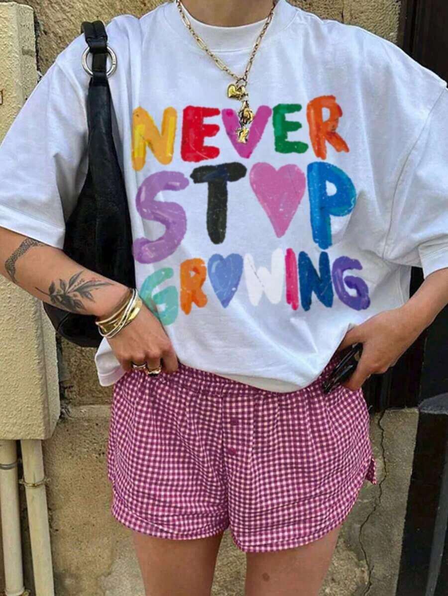 Women's Summer Daily Simple Colored Letter Printed Round Neck Loose Casual Short Sleeved T-Shirt Graphic Tees Women White Top - trắng - Xem 1