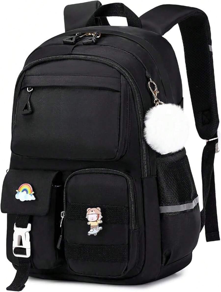 Girls Backpack For School, Cute Teenage Multiple Pockets Backpack, Fashion Bookbag For Primary Elementary High School, Pink - 黑色 - 查看 1
