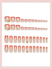 48片/2套方形美甲贴纸，橙色法式美甲，花卉图案，简约风格，亮面全覆盖假指甲，适合女性和女孩夏季美甲，日常美甲用品 - 橘色 - 查看 3