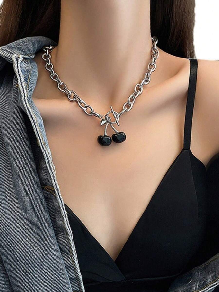 1 件女士樱桃项链，深色风格复古锁骨链吊坠项链，颈链 - 彩色 - 查看 1