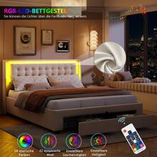 Letto matrimoniale con materasso ad aria compressa 140x190 cm, con LED, letto con contenitore e cassetti, letto contenitore con rete a doghe in legno, rete idraulica in metallo, velluto, beige