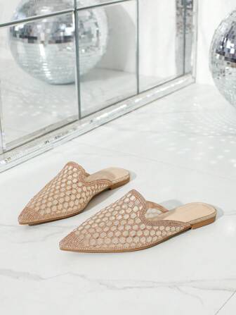 Women's Pointed Toe Flat Mule Shoes, Casual Hollow Out Rhinestone Slip-On Sandals For Spring & Summer