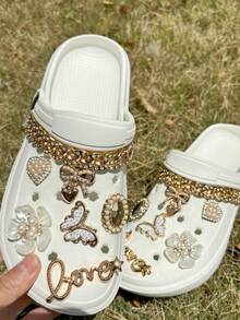 14 件/套可拆卸装饰鞋花，DIY 仿珍珠花、蝴蝶结、心形、金色蝴蝶装饰链，可爱的鞋配件适用于木屐、空心木底鞋、凉鞋、拖鞋、沙滩鞋，四季皆宜，是理想的完美礼物 - 金色 - 查看 8