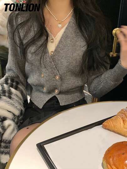 tonlion Tonlion Women's Autumn/Winter V-Neck 2 In 1 Short Cardigan