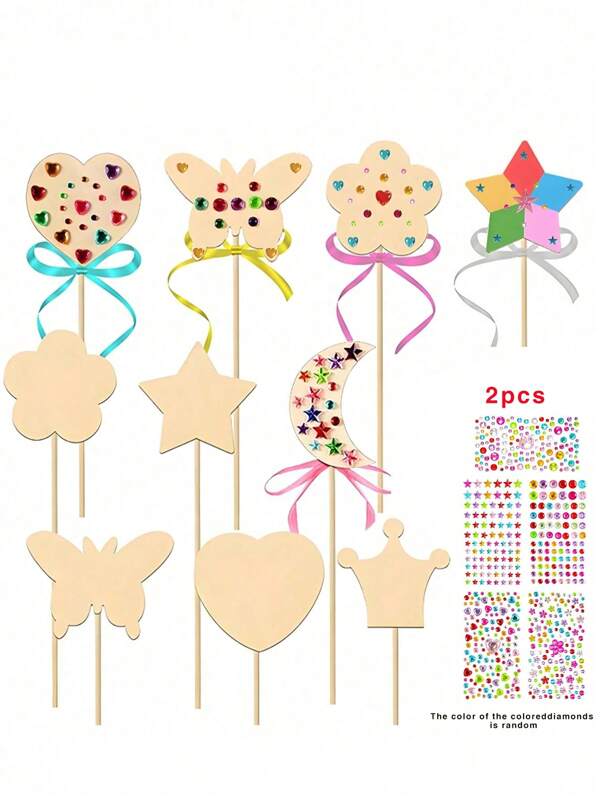12 Pieces Of Handmade Wooden Products, 2D Fairy Wands, Magic Wands, Princess Wands, Puzzles, Hand-Painted Wood Pieces, DIY Suitable For Birthday Parties, Christmas, Easter And Other Festivals (2 Wands Of Each Shape, 2 Stickers, Random Colors).