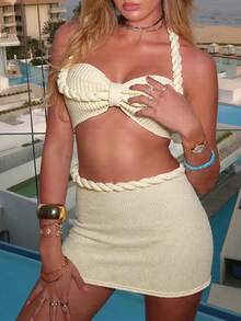 Women Y2K 2Pcs Crochet Knit Skirt Set Hollow Out Cami Top High Waist Mini Skirts 3D Flower Cover Up Beachwear - 白色 - 查看 3