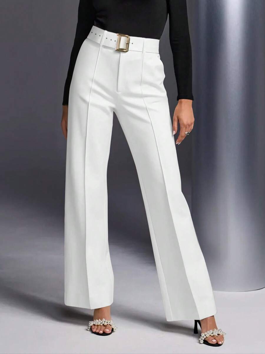 Women's Casual Solid Color Straight Leg Pants With Buckle Belt - White - View 1