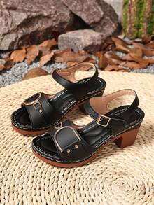 2025新款欧美复古高跟凉鞋，女款，可调节金属扣和钩环装饰，街头风格，黑色，厚底，露趾，夏季 - 黑色 - 查看 7