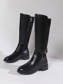 女士皮革和绒面革拼接时尚金属扣装饰侧拉链设计经典圆头舒适不束缚高筒修身腿部修身，薄款保暖内衬保暖透气，平跟舒适全天穿着，百搭秋冬马术靴，黑色靴子 - 黑色 - 查看 8