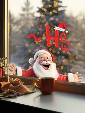 圣诞老人英文玻璃贴纸，节日玻璃柜家用静电贴适用于卧室、阳台、窗户装饰、家居装饰、橱柜装饰贴