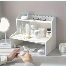 Estante de almacenamiento de escritorio moderno de dos niveles con elevación de altura: organizador de suministros de oficina y cosméticos que ahorra espacio, disponible en dos tamaños, de PVC, con diseño personalizado, capacidad máxima de carga de 3 kg por nivel, organizador de espacio de trabajo | Soluciones de almacenamiento con estilo | Estante de PVC resistente - Blanco/Pequeño - Ver 4