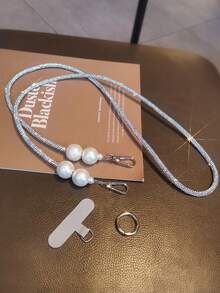 1 pieza Cordón de teléfono grueso con perlas y rhinestones, correa larga de lujo tipo collar, cadena cruzada para el hombro con broche